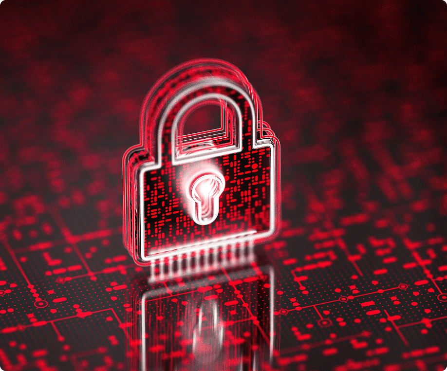 Digital padlock on red circuit background