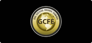Gold and black GCFE certified forensic examiner badge.