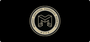 Badge for Wagner Certified Forensic Examiner with a stylized 'M' logo.