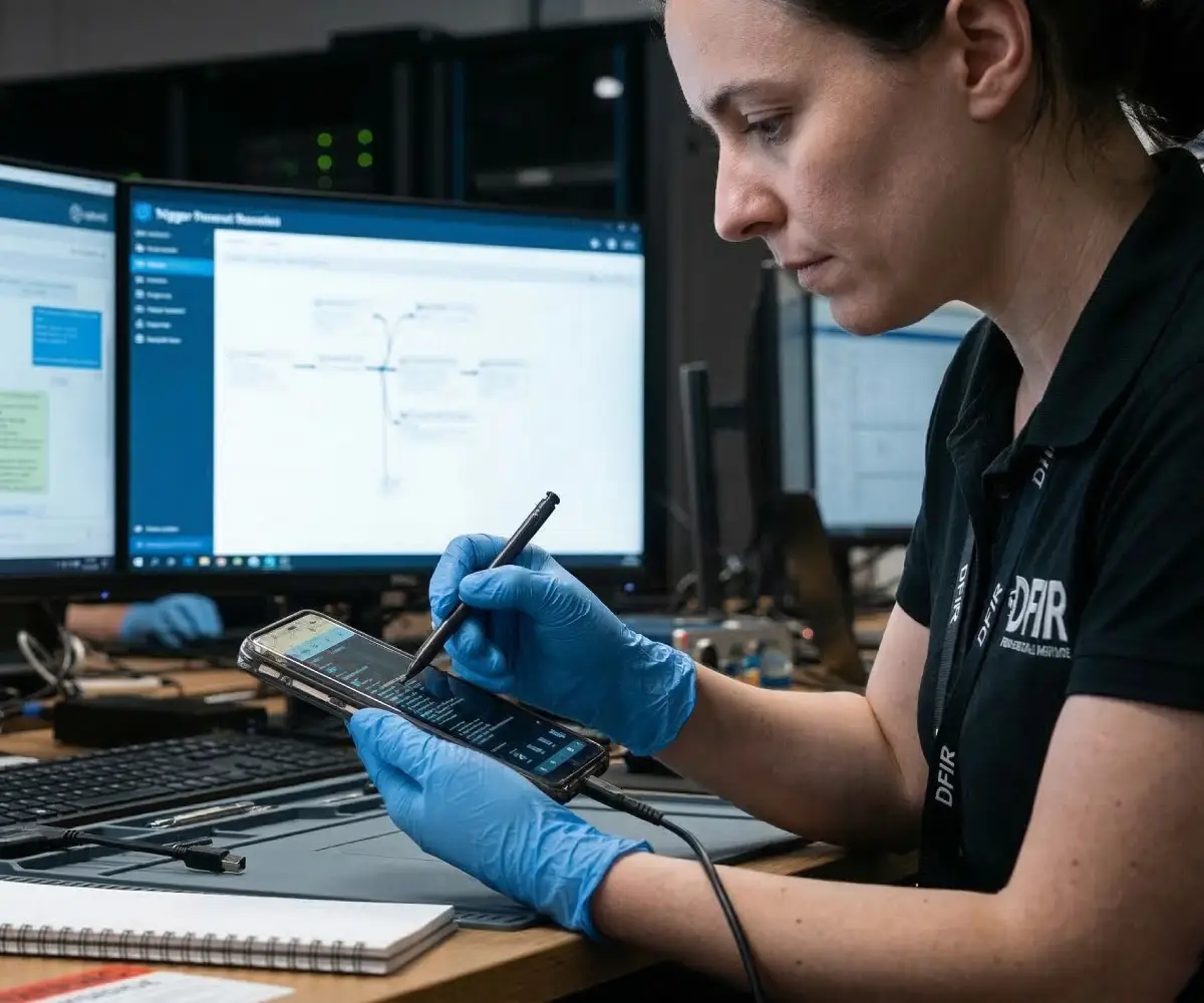 Technician analyzes data on a tablet in a lab setting.